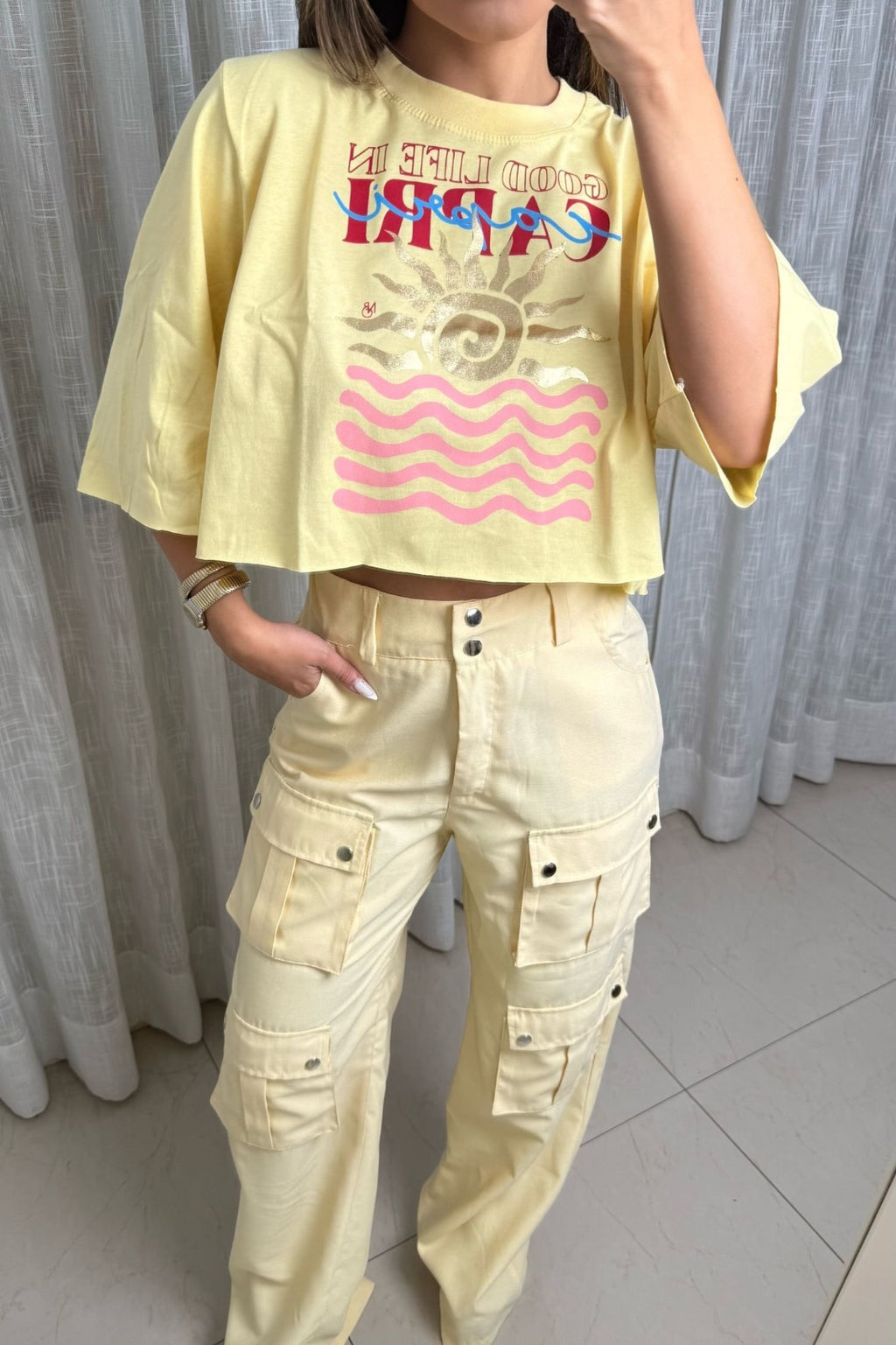 Calça Cargo C/ Botões - Amarelo