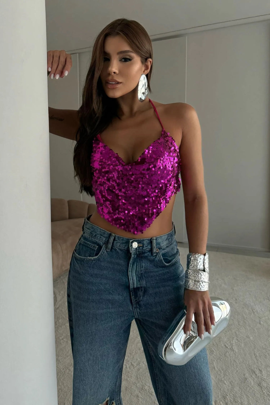 Cropped Paetê Vivi - Pink - Você Plena Butique